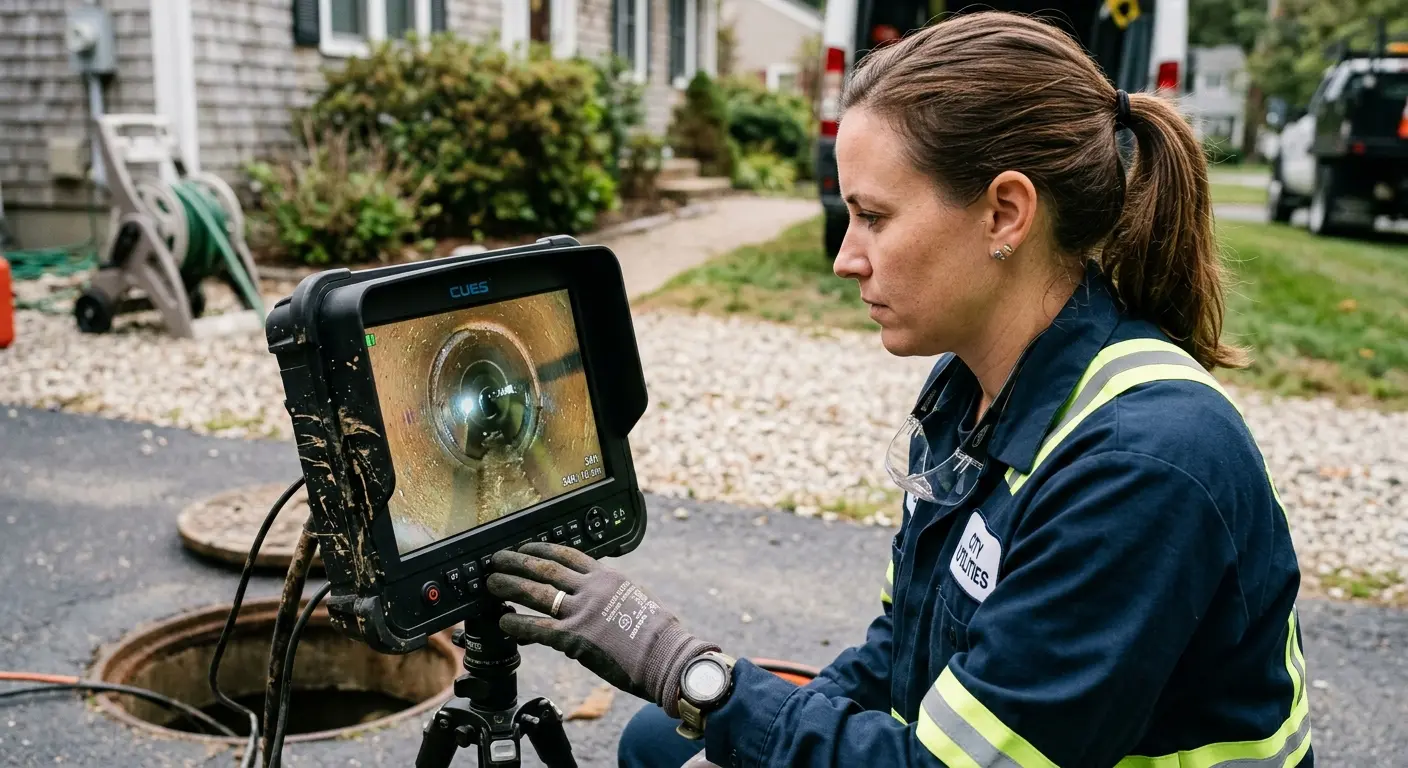 Technician reviewing sewer camera inspection footage in Gold Canyon