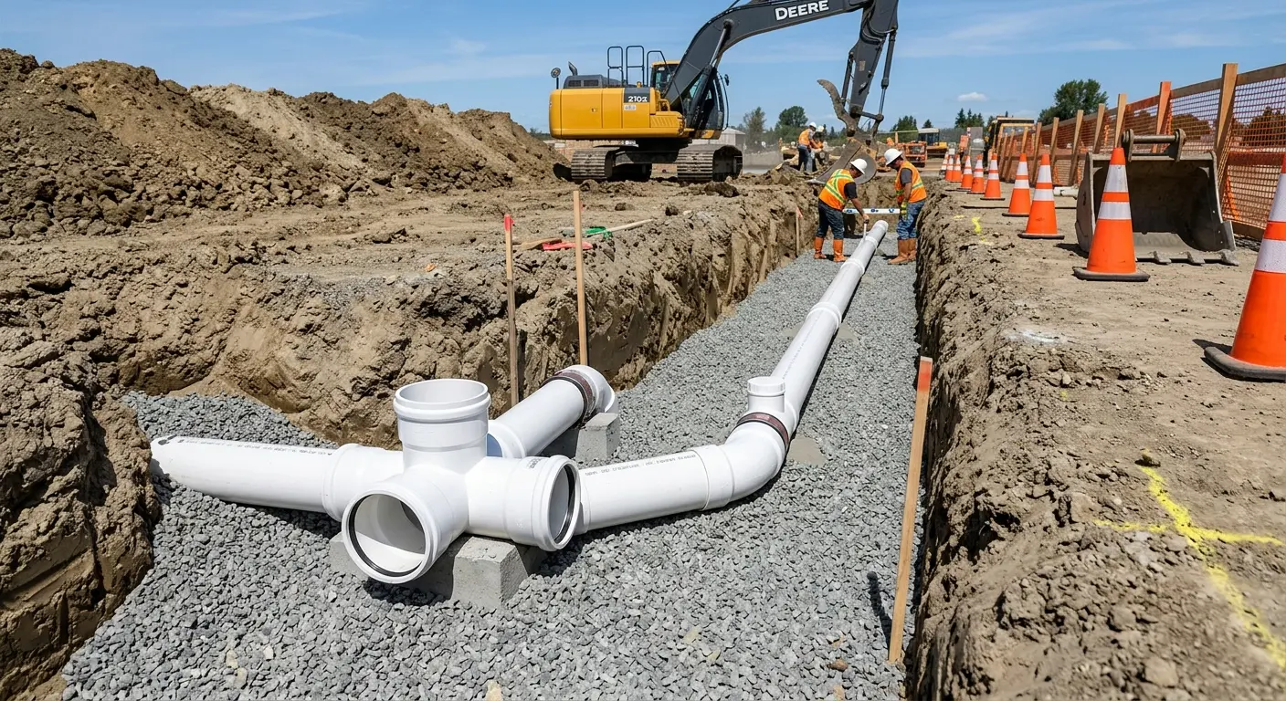 New PVC sewer pipe installation in open trench for Grease Trap Cleaning in Gold Canyon