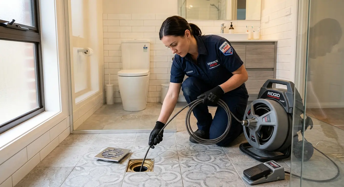 Technician clearing a bathroom floor drain for Sewer Line Replacement in Gold Canyon
